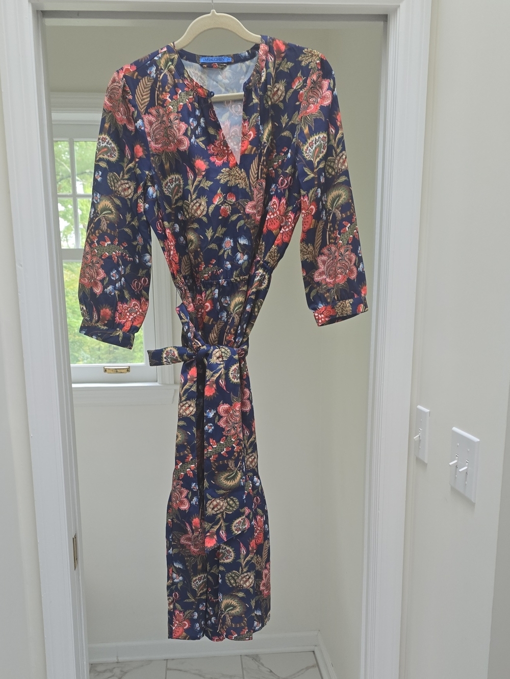 J. McLaughlin Navy Floral Wrap Midi Dress with Tie Belt